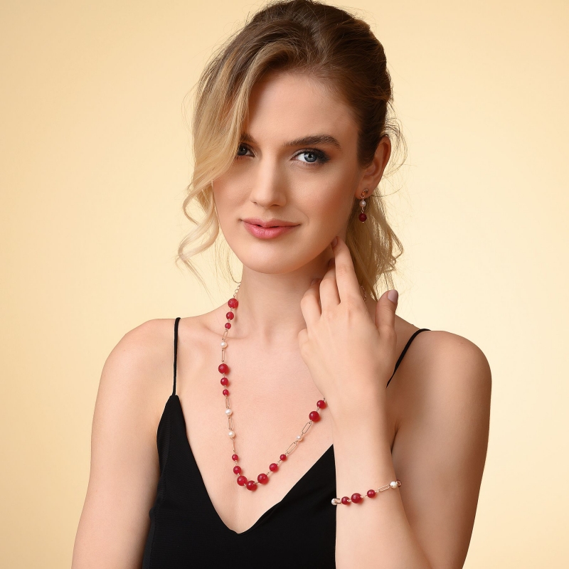 Sterling Silver pink Necklace red jade and natural pearls