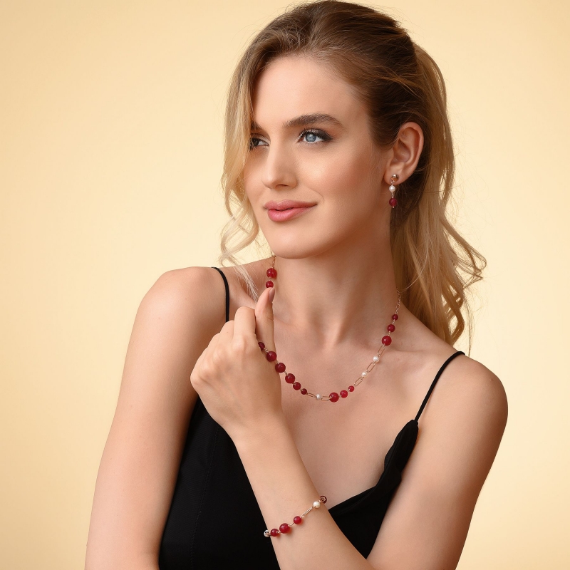 Gift Sterling 925 Silver pink Earrings and Necklace with jade red and pearl