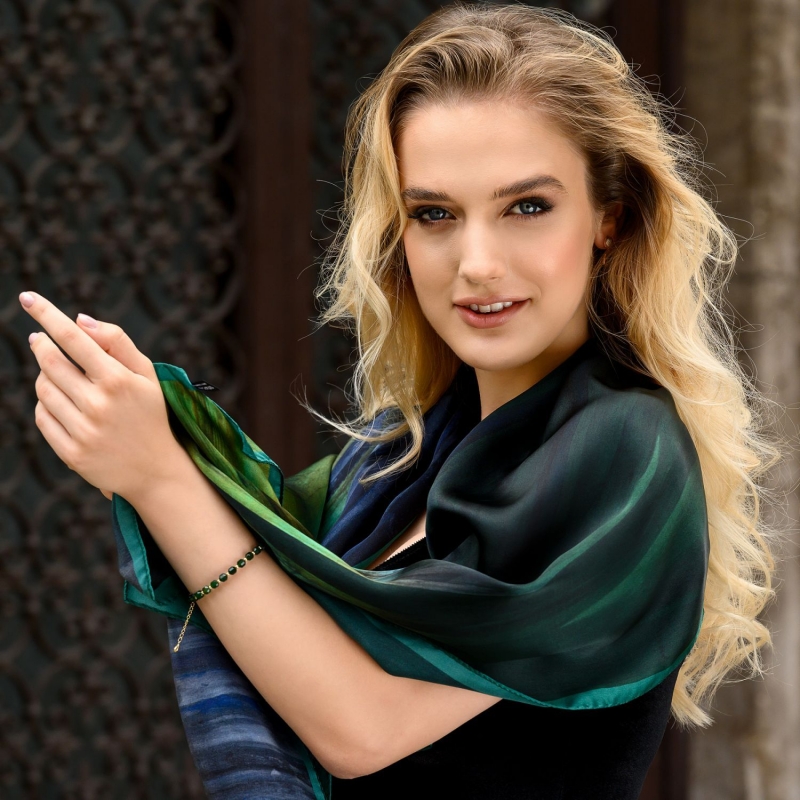 Bratara Touch agat verde barrel, argint placat cu aur 14 K