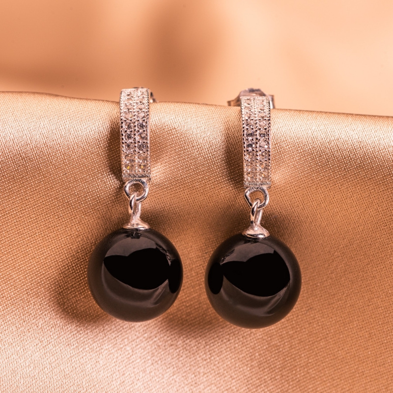 Gift for HER and HIM: Sterling Silver Earrings round onix and Men Sterling Silver Bracelet Onyx