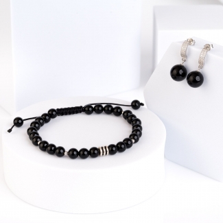 Gift for HER and HIM: Sterling Silver Earrings round onix and Men Sterling Silver Bracelet Onyx
