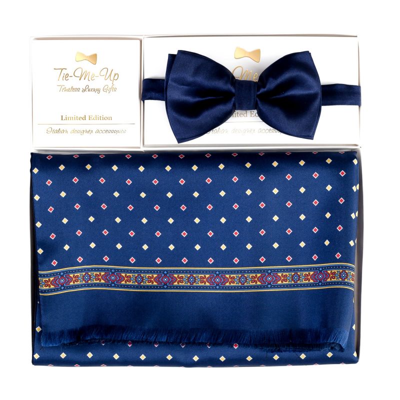 Gift Men's silk and wool scarf Uomo Como blue and Navy men bow tie