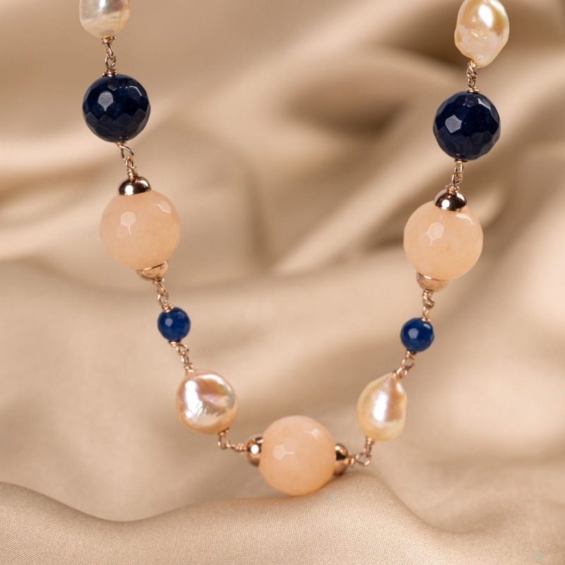 Colier argint roz cuart, perle de apa dulce, agate albastre