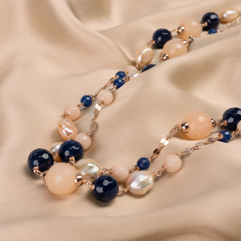 Colier argint roz lung cuart, perle, agate albastre