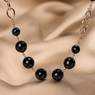 Sterling Pink Silver Necklace black agate, 48 cm