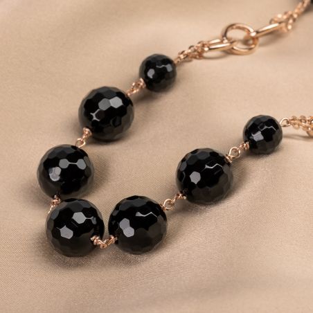 Sterling Pink Silver Necklace black agate, 48 cm