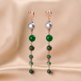Sterling Pink Silver Earings green agate, gray pearl