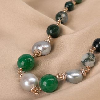 Sterling Pink Silver Necklace green agate, gray pearl, 48 cm