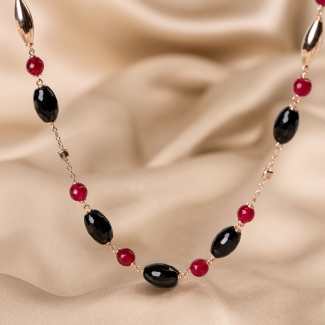 Colier argint roz agate negre, jad rosu