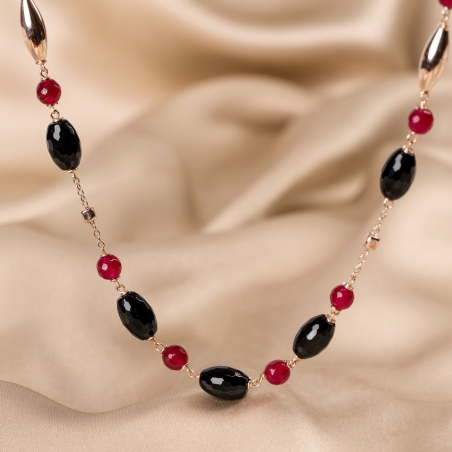 Colier argint roz agate negre, jad rosu
