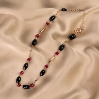 Colier argint roz agate negre, jad rosu