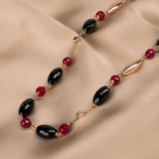 Colier argint roz agate negre, jad rosu