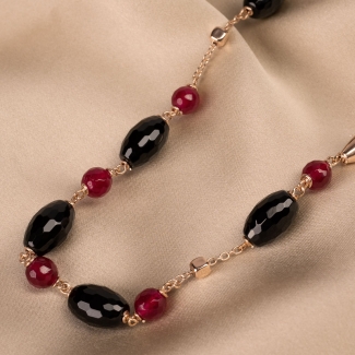 Colier argint roz agate negre, jad rosu