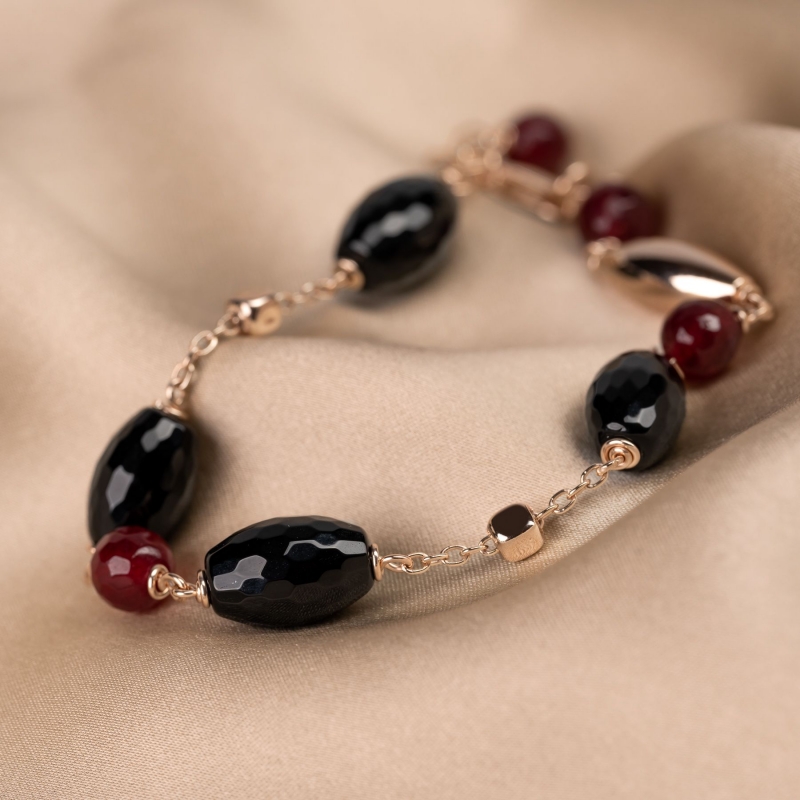 Bratara argint roz agate negre, jad rosu