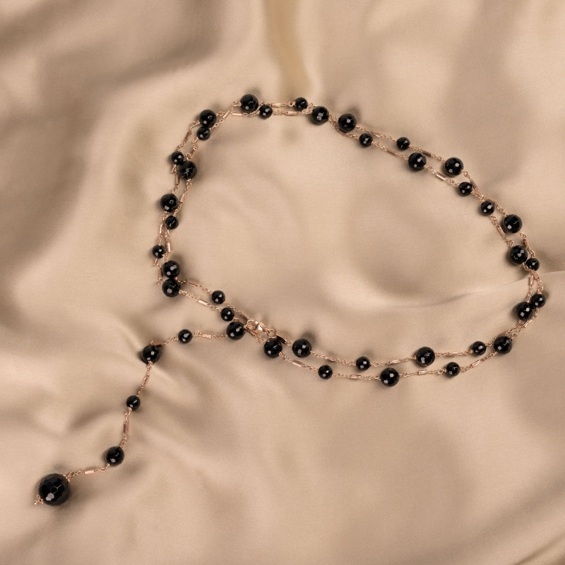 Colier argint roz extralung cu agate negre