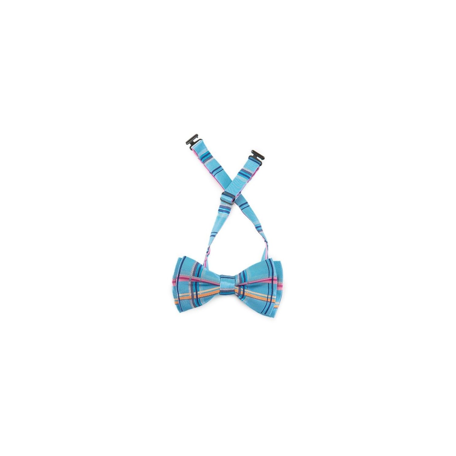 Blue silk bow tie with pink plaid men