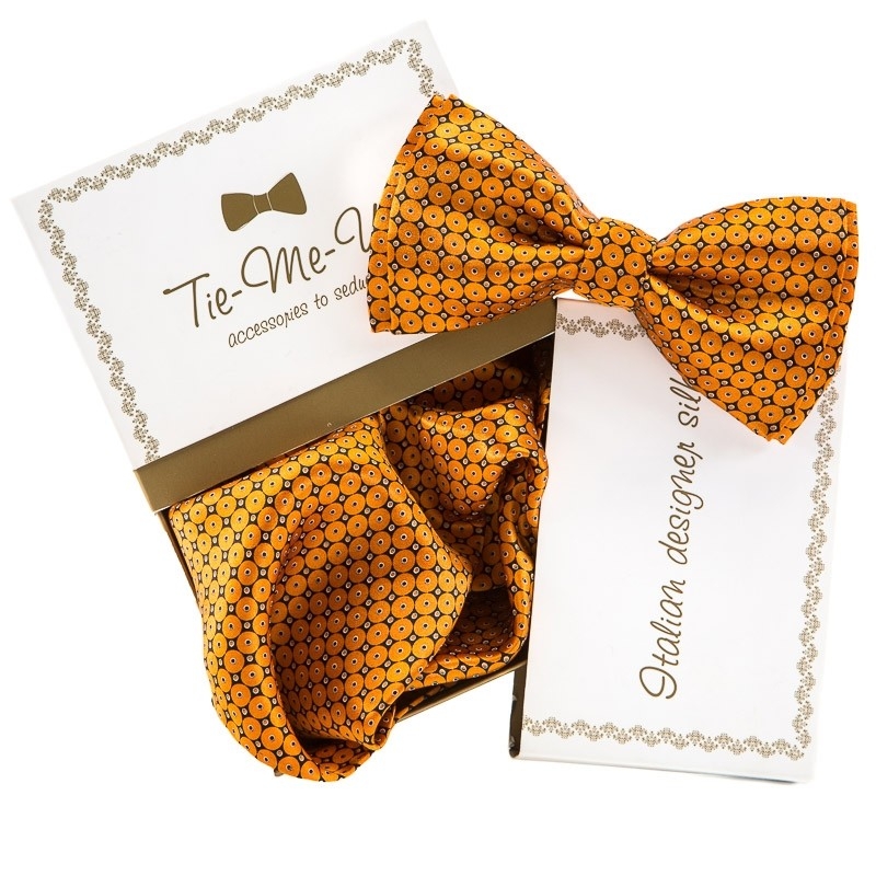 GIFT: Set handkerchief silk bow tie orange circles