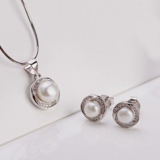 Set argint cercei si pandant Pure Pearls rotund