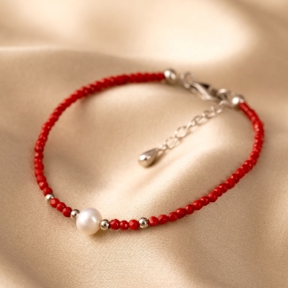copy of Sterling Silver Bracelet red coral pearl