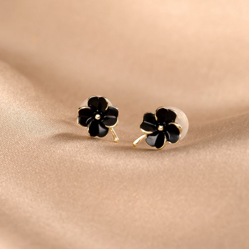Sterling Gold Silver Earrings Minimal Black Flower