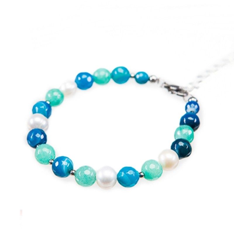 Blue agate bracelet, turquoise and pearls