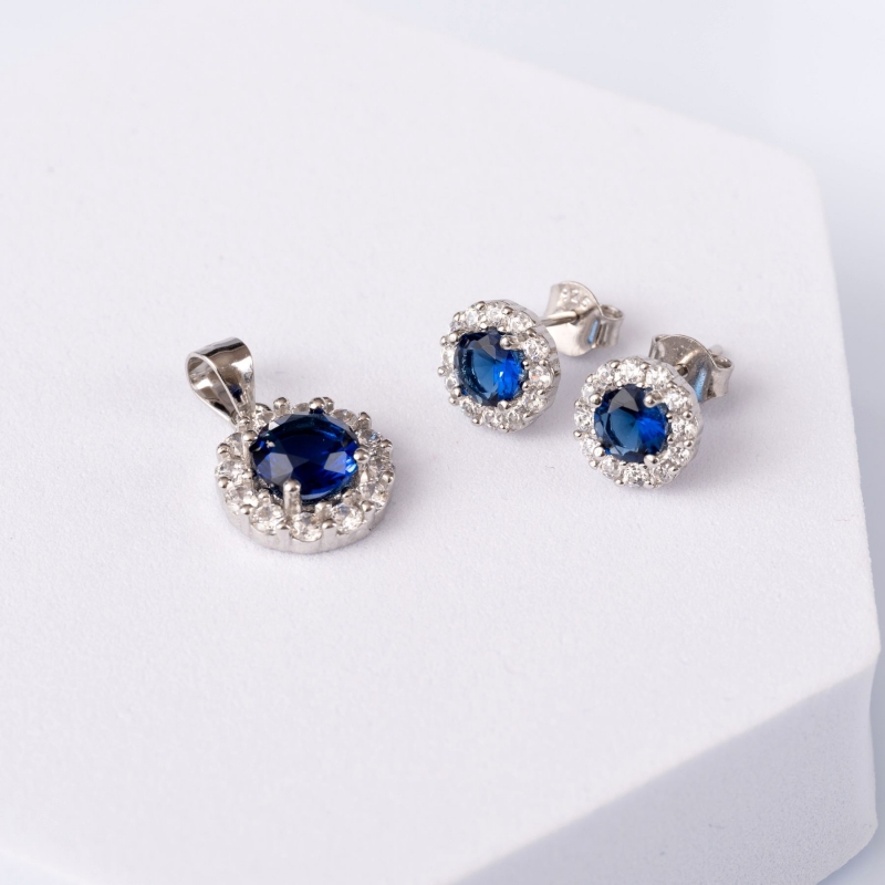 Cercei si pandant argint Royal Blue rotund