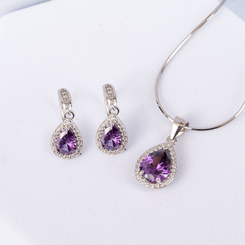 Set argint cercei, pandant si lant 40 cm Lavanda Drop