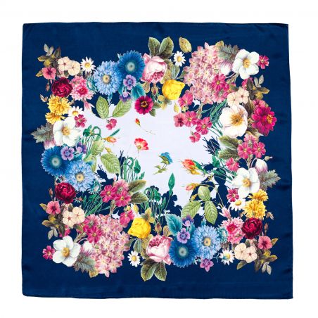 Silk scarf M Panier des Fleur bleu marine