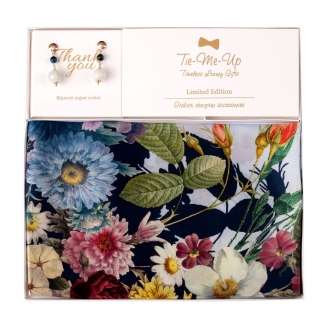 Set Esarfa matase M Panier des Fleur bleu marine si Cercei argint roz ochi de tigru turcoaz, piatra lunii