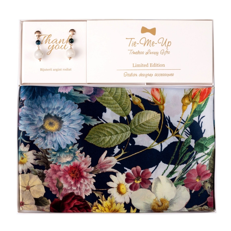 Set Esarfa matase M Panier des Fleur bleu marine si Cercei argint roz ochi de tigru turcoaz, piatra lunii