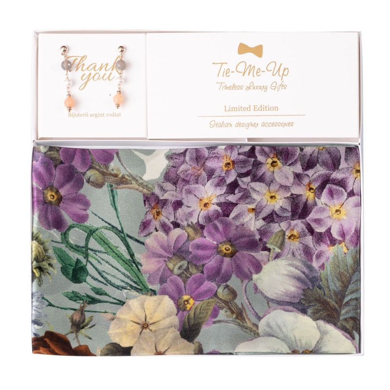 Gift Silk Scarf M Panier des Fleur Ming vert and Silver Earings with Uruguay agate, rose quartz, pearls