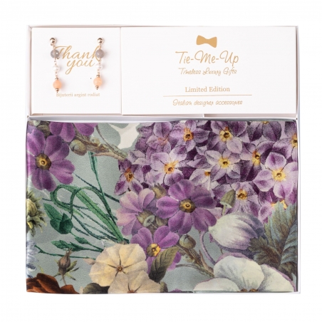 Gift Silk Scarf M Panier des Fleur Ming vert and Silver Earings with Uruguay agate, rose quartz, pearls