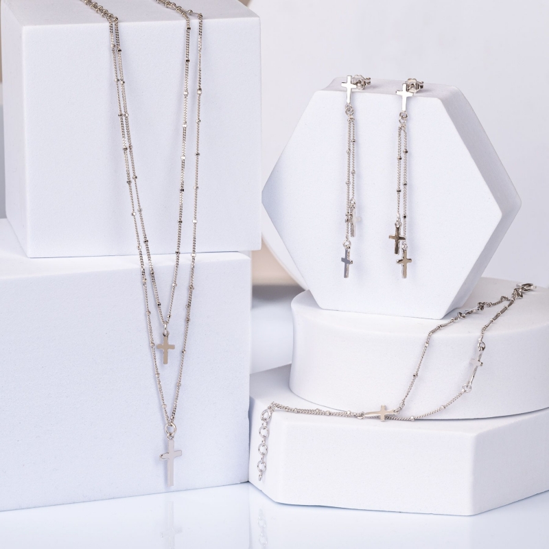 Gift Sterling 925 Silver Earrings, Necklace and Bracelet DB Cross