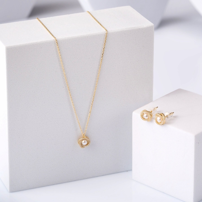 Set cercei si colier din argint Flower Pearl