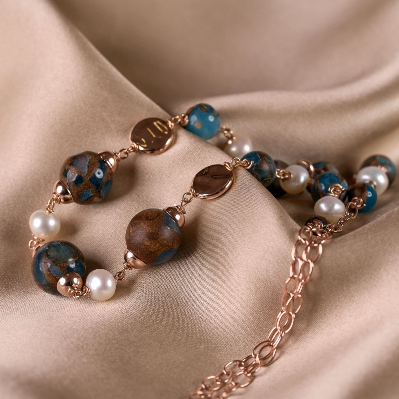 Sterling Silver Necklace Terra bronz agate, turcoaz