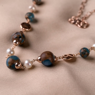 Sterling Silver Necklace Terra bronz agate, turcoaz