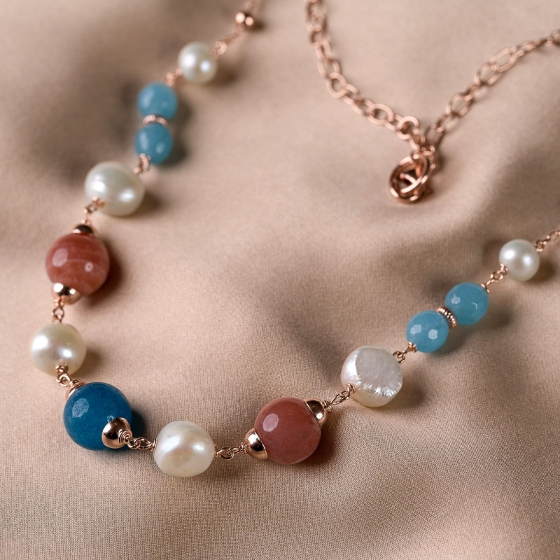 Sterling Silver Bracelet blue quartz, moon stone, baroq pearls