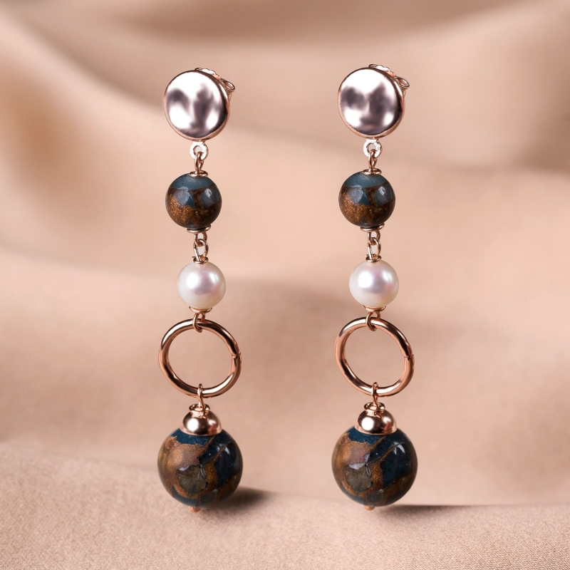 Sterling  Silver Earings Terra bronz agate, turcoaz