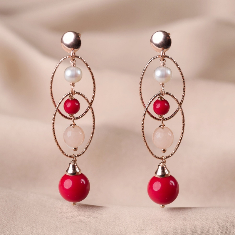 Cercei argint roz Diva Mood cuart, coral, perle