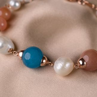 Sterling Silver Bracelet blue quartz, moon stone, baroq pearls