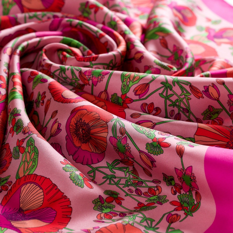 Esarfa matase twill Magical Poppies fucsia