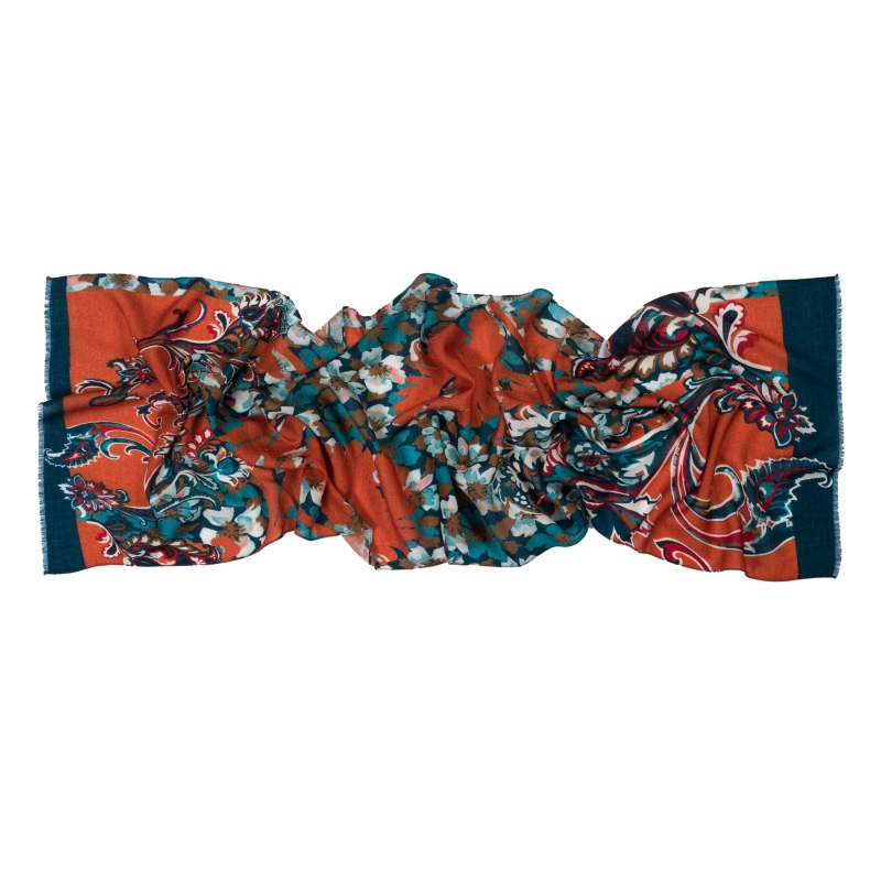 Sal lana unisex Paisley verde cu caramiziu