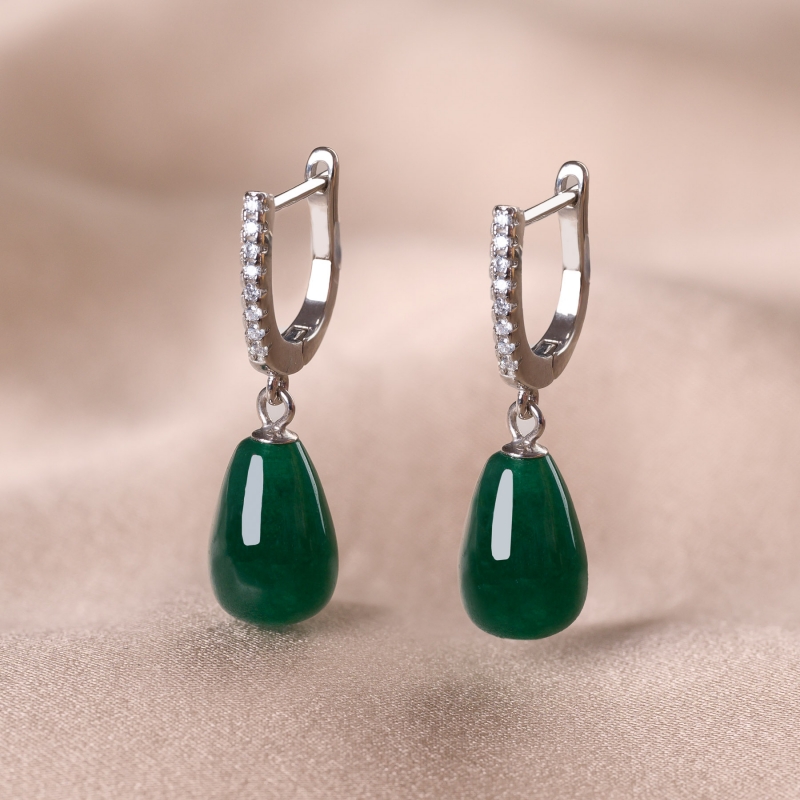 Sterling Silver Earrings New Hoops green jade