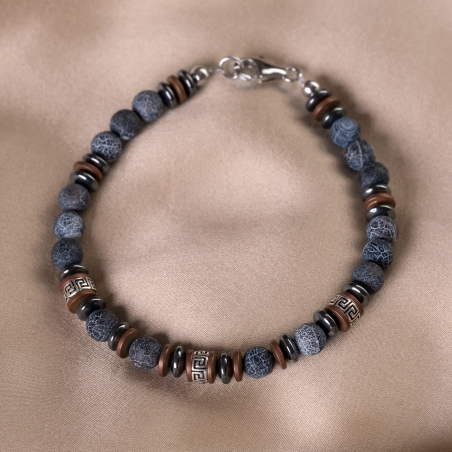 Cool Men Bracelet with cord, hematite, frozen agate, silver
