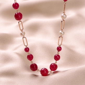 Colier argint roz jad rosu si perle naturale