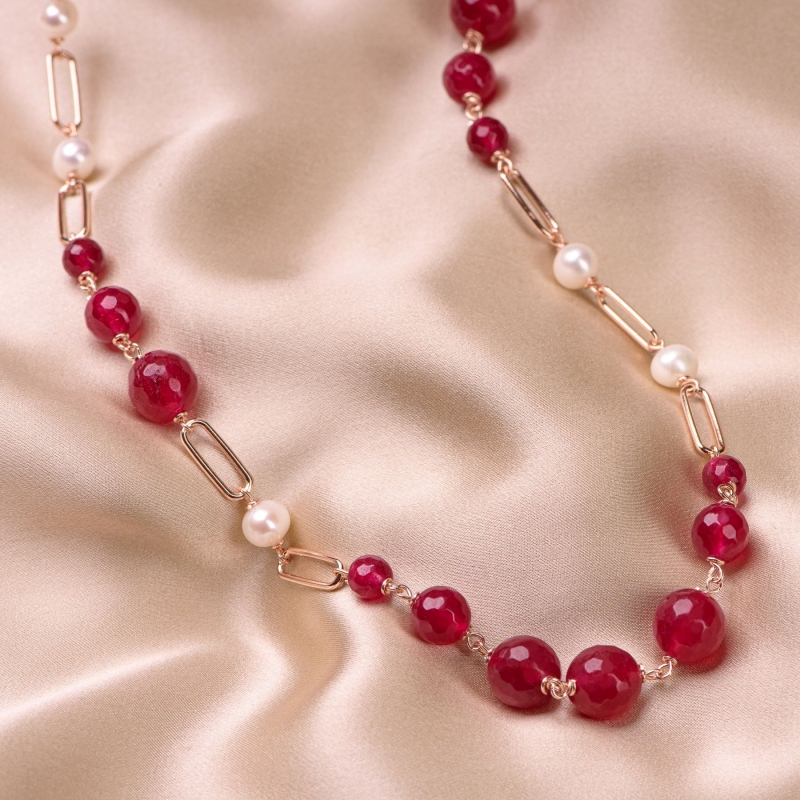 Sterling Silver pink Necklace red jade and natural pearls