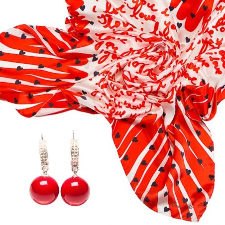 GIFT:Silk Scarf Marina D`Este I love you red and silver earrings red coral