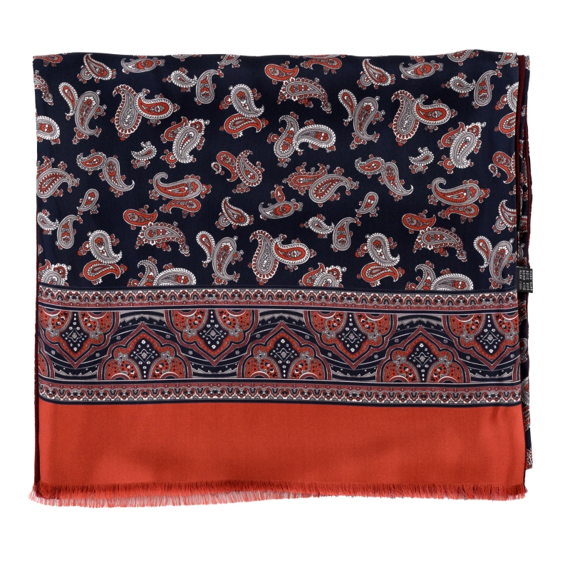 Men's silk and wool scarf Uomo Rivere paisley coral blue