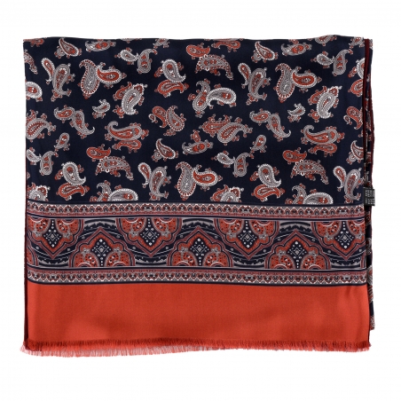 Men's silk and wool scarf Uomo Rivere paisley coral blue