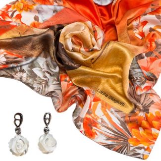 GIFT: Laura Biagiotti scarf ships coral and mother of pearl flower earrings silver